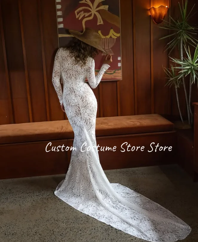 Elegant Real Beach Wedding Dress Bohemian Lace Mermaid Long-Sleeved V-Neck Train Bridal Gown Customized vestidos de novia