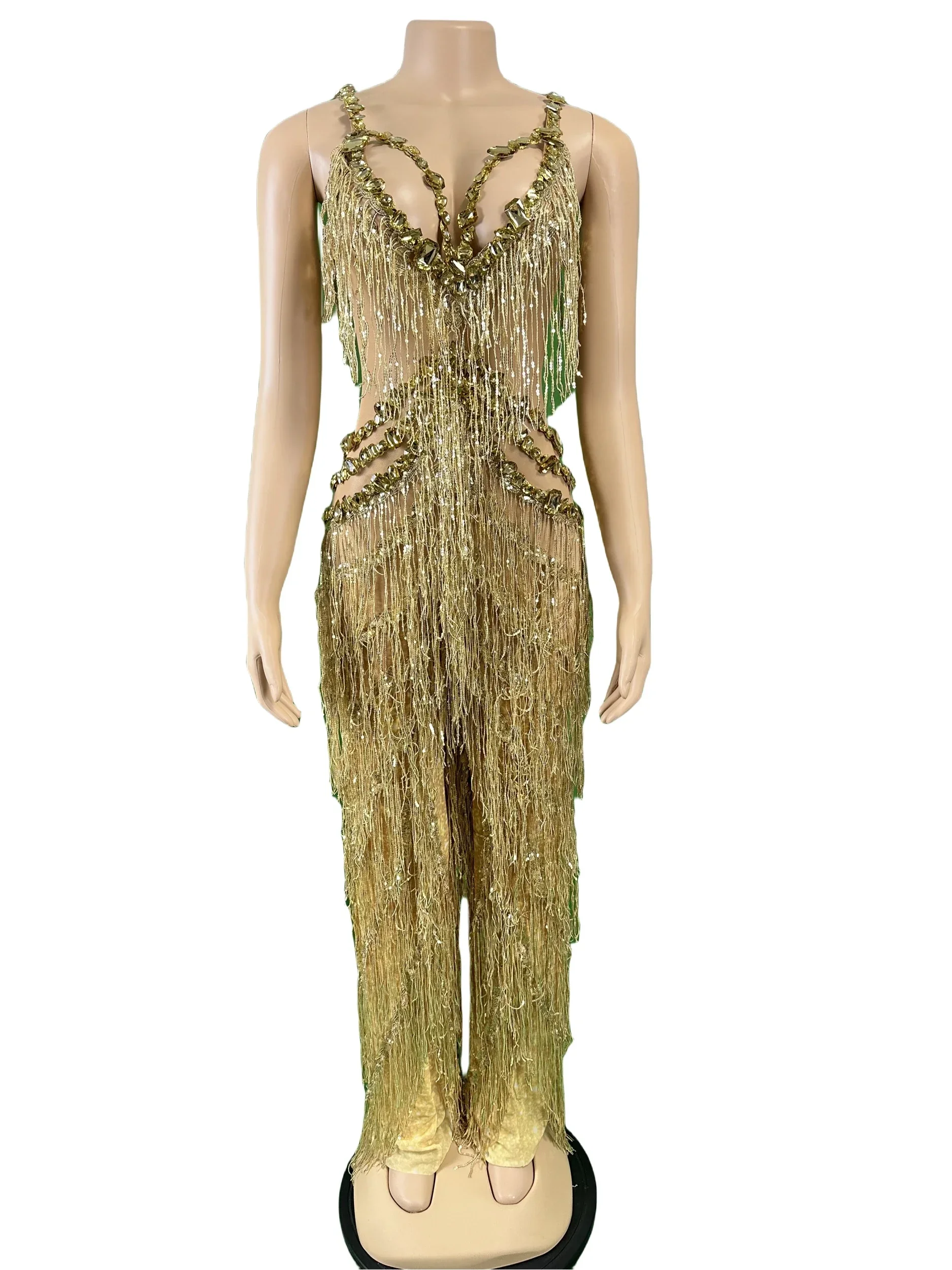 

Women Gold Rhinestone Fringe Jumpsuits Sexy Dance DJ DS Gogo Body Suits Rave Festival Queen Costume