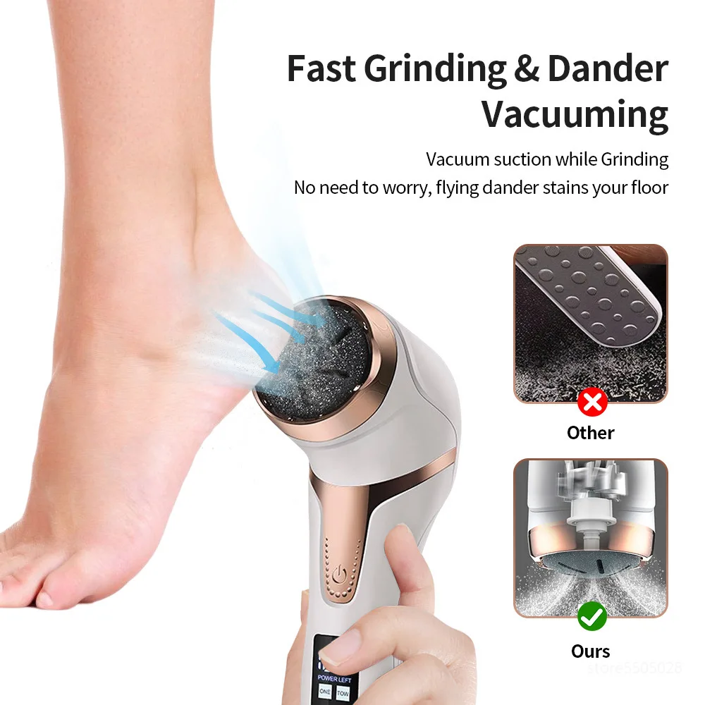 Rechargeable Electric Foot Rasp, IPX7 Waterproof Pedicure Foot Sander with 3 Grinding Heads for Removing Foot Dead Skin
