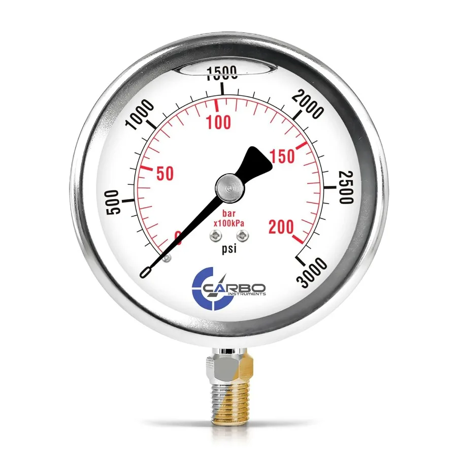 

4" Pressure Gauge, Stainless Steel Case, Chrome Plated Brass Connection, Liquid Filled, 0-3000 psi/kPa, Lower Mount 1/4" NPT