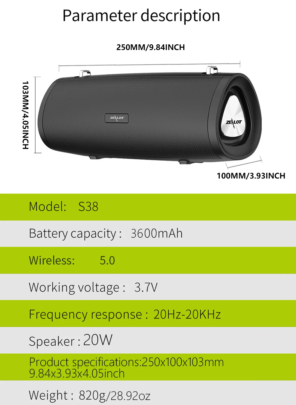 ZEALOT-S38 Tragbarer kabelloser Lautsprecher, Outdoor-Bluetooth-Subwoofer-Lautsprecher 20W, HiFi-Klangqualität, RGB-Beleuchtung, 24 Stunden Spielzeit – Detail 2
