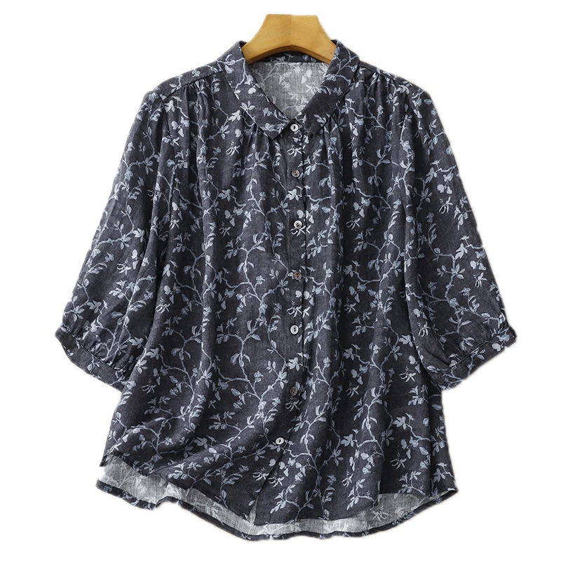 

Retro Collar Seven Sve Linen irt Women Summer Loose Slimming Belly Cover Floral Print Casual Faion Polyester Cotton Blend