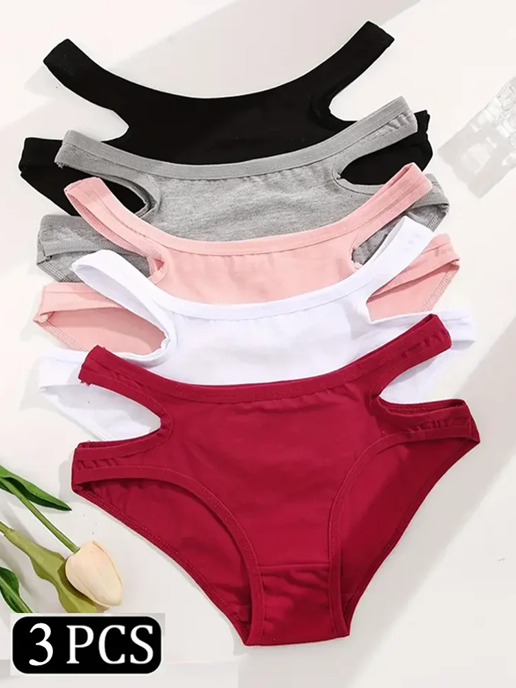 3Pcs Sexy Cotton Briefs S-XL Women\'s Cotton Panties Hollow Out Low-Rise Underpants Solid Color Underwear Comfortable