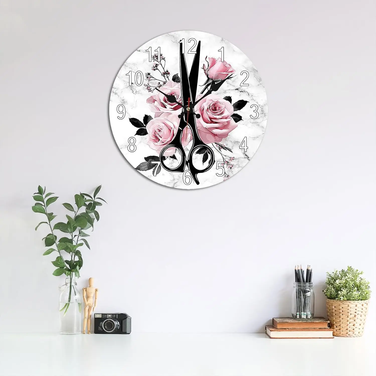 Black Hairdressing Scissors Pink Rose Wall Clock - 10 Inch Silent Non-Ticking Timepiece - Elegant Marble Decorative Clocks