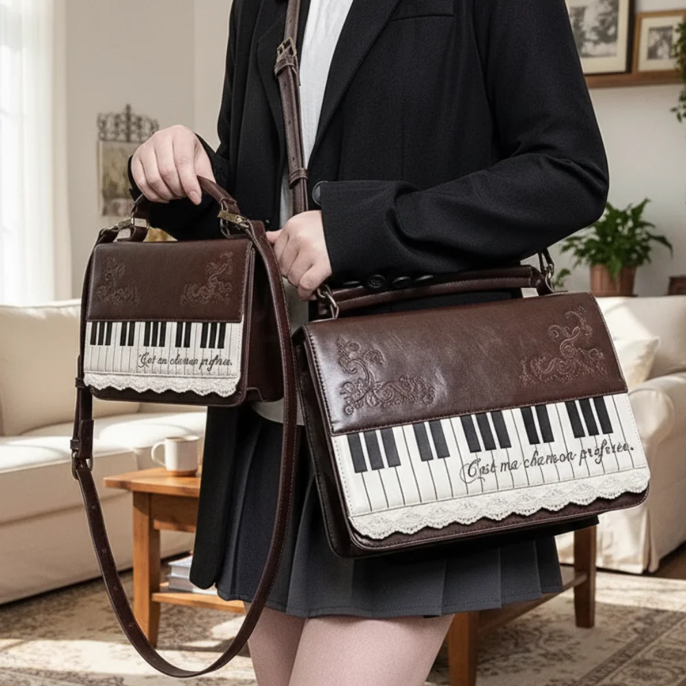 

Винтажная сумка через плечо для фортепиано, сумка для фортепиано в японском стиле, коричневая кожаная квадратная сумка через плечо, милые лоскутные контрастные рюкзаки Ita
