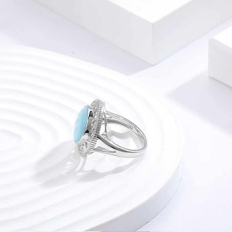 XYOP 925 Silver Gift Natural Blue Larimar Round Personality Ring, Europe And The United States Popular Wedding Jewelry Temperam