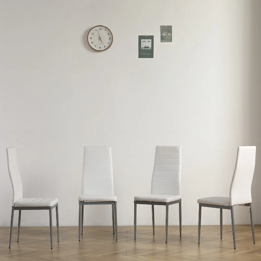 

4pcs backrest cushion horizontal sewing decoration PU leather dining chair round tube white cushion gray leg, Dining Chairs