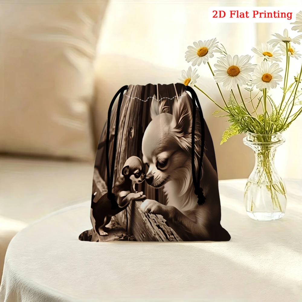 Bolsa con cordón de estilo Vintage, bolsa pequeña de almacenamiento con estampado de perro Chihuahua marrón para viaje, organización de cosméticos y joyería, portátil, 1 ud.