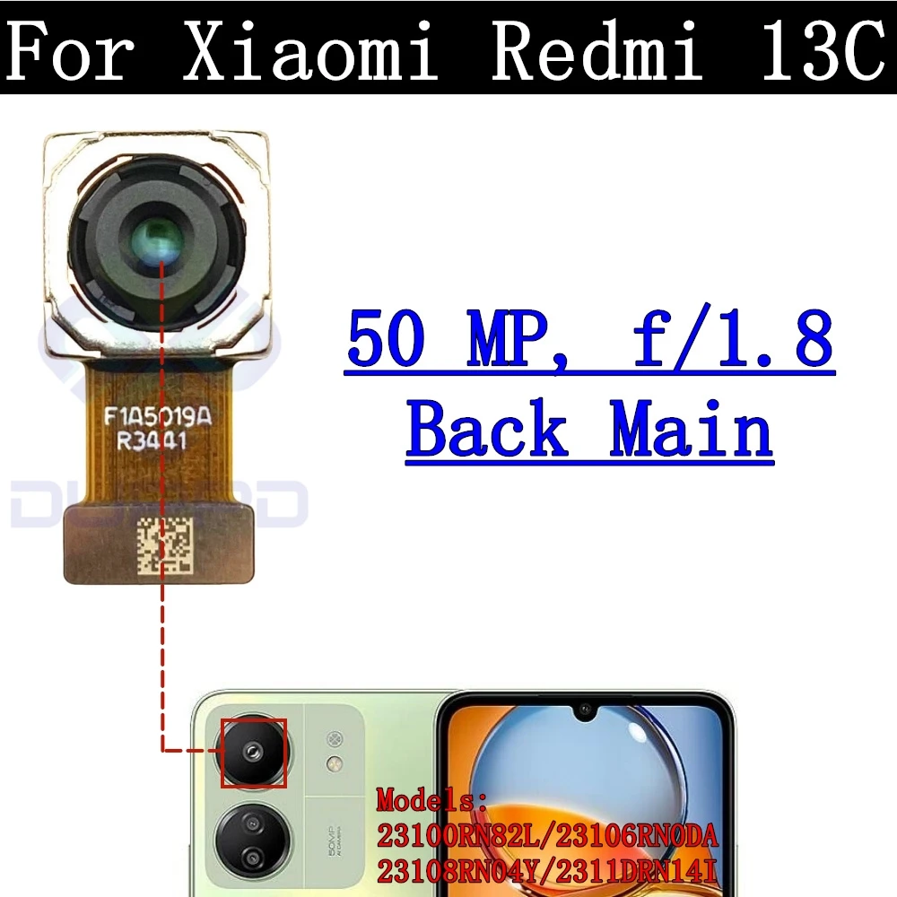 Rear Camera Flex Cable for Xiaomi Redmi 13C, 2311DRN14I, 23106RN0DA, Front Selfie, Small Facing, Main Back Camera, Glass Lens