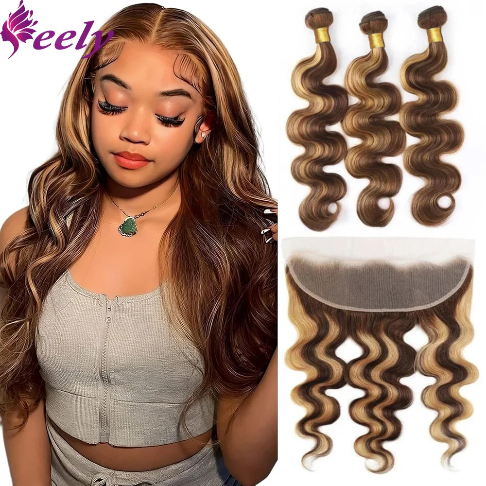 Honey Blonde Bundles Human Hair With Closure Highlight 13x4 Lace Frontal Body Wave Human Hair Bundles Extensions For Woman P4/27