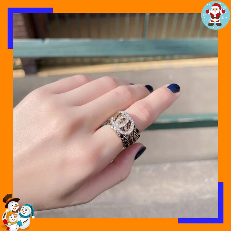 Leather Chain Hollow Black and White Powder Ring Niche Sweet and Cool Style Simple and Versatile Diamond-encrusted Alphabet Jewe