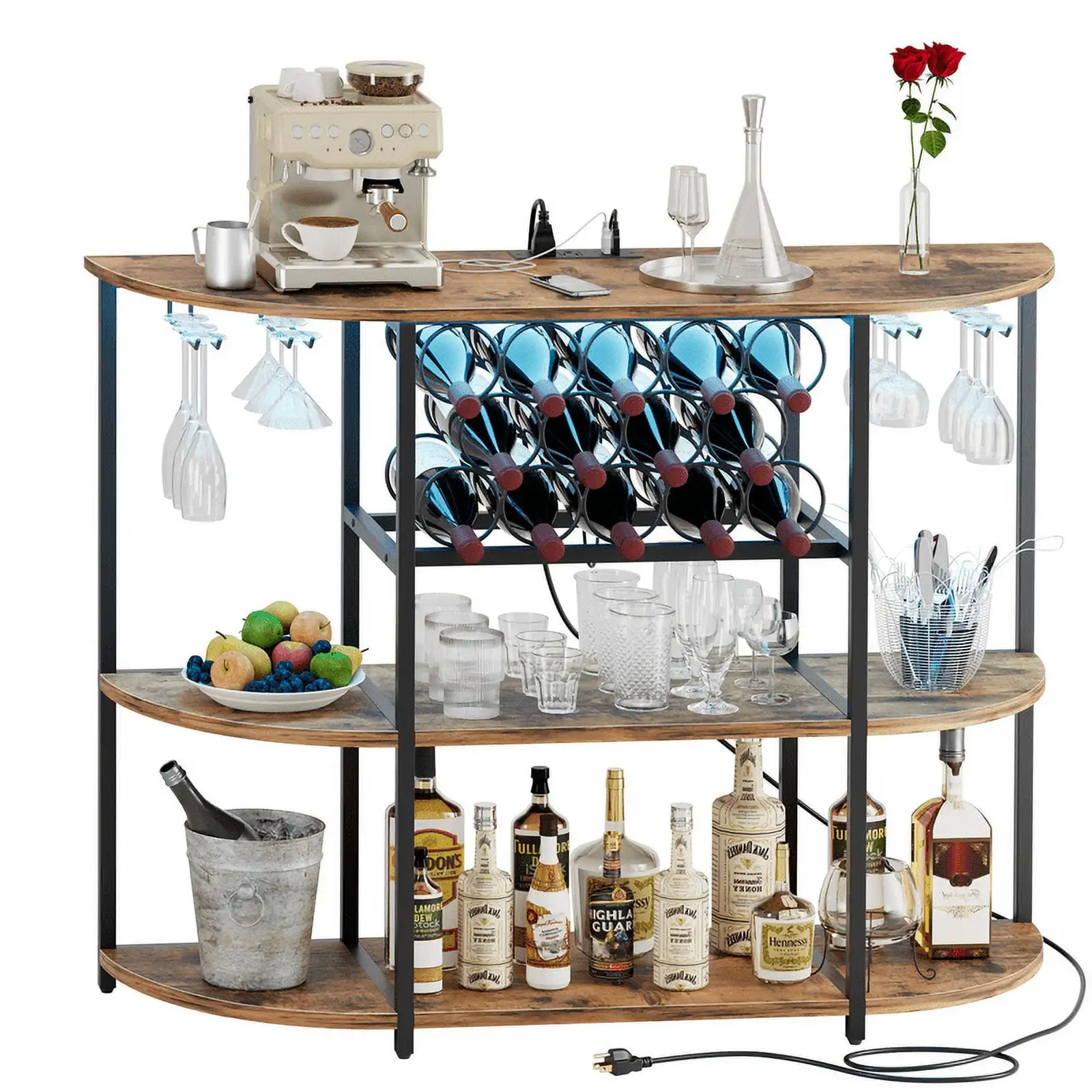 

Wine Bar Cabinet with RGB LED Lights Outlet, Table Home Mini Bar Coffee with Power Strip , Kitchen & Wine Rack
