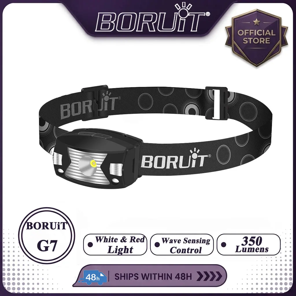 BORUiT G7 350LM Bewegungsmelder LED-Stirnlampe Typ C wiederaufladbar 650 mAh Scheinwerfer wasserdicht Camping Rotlichtkopf