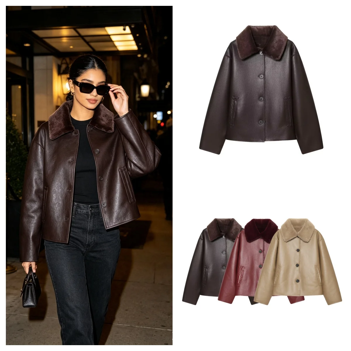 Women's Jacket 2026 Autumn Winter New Dark Brown Long-Sleeve Faux Leather Reversible Jacket Stylish Unique Chic Ladies Outerwear