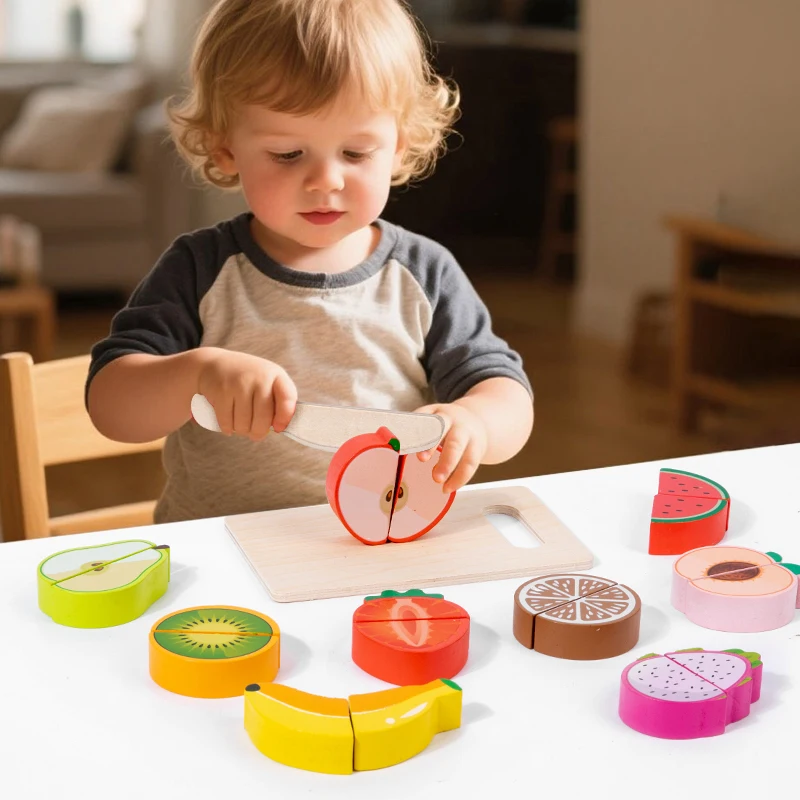 จําลอง Pretend ของเล่นไม้เกมคลาสสิก Montessori ของเล่นเพื่อการศึกษาเด็กของขวัญตัดผลไม้อาหารทะเล