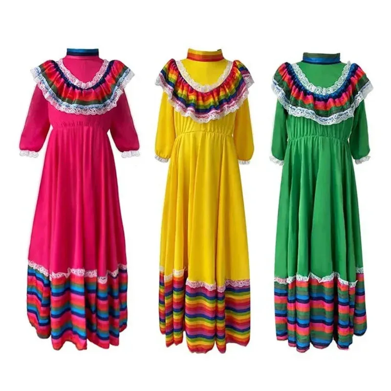 DY20Purin الفتيات الصغيرات المكسيكي فستان حفلة عيد ميلاد الهالوين زي الاطفال الطفل المكسيك الفلامنكو تنورة رقص أصفر أخضر ros ZM #6