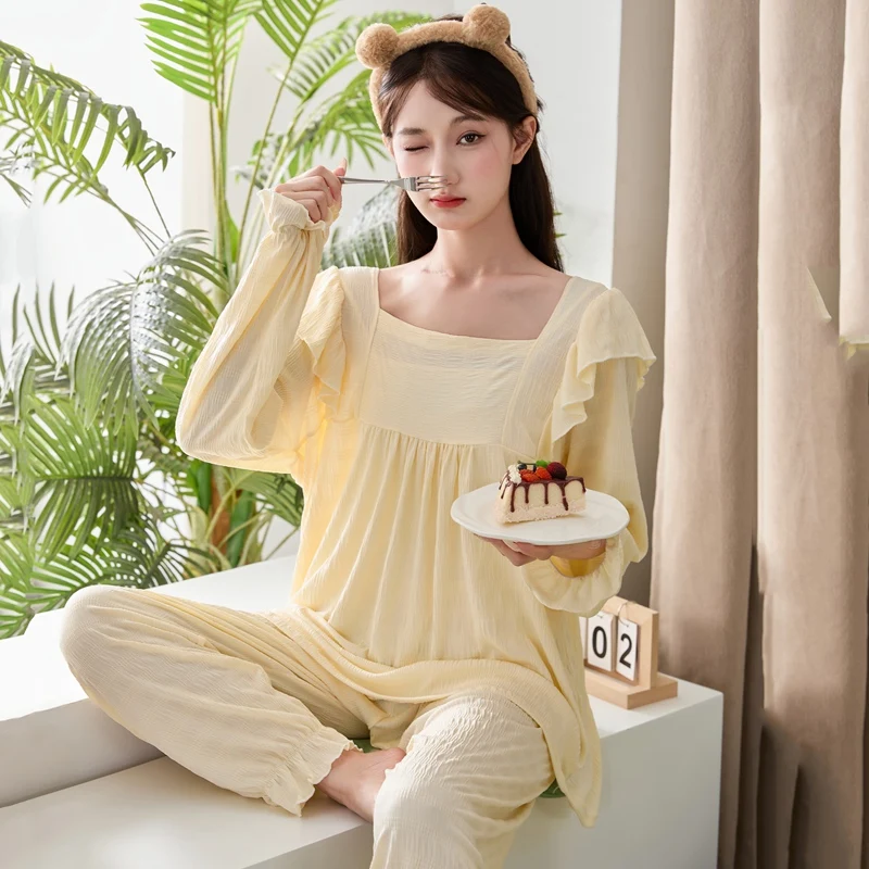 

2025 Spring Autumn Long Sleeve Pajama Sets for Women Korean Cute Sleepwear Suit Pyjama Pijama Mujer Homewear Ladies Home Clothes