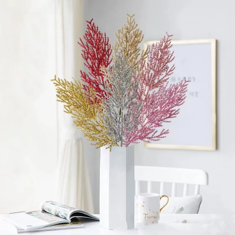 

6Pcs Christmas Artificial Pine Leaves Branches Gold Simulated Plants Glitter Garland Xmas Tree Ornament Home New Year Decoration
