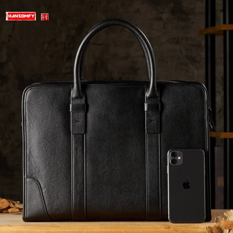 Bolsa de couro genuíno masculina, bolsa de primeira camada de couro preto, bolsa mensageiro de ombro, pasta de negócios, bolsa de computador de 14 espaços