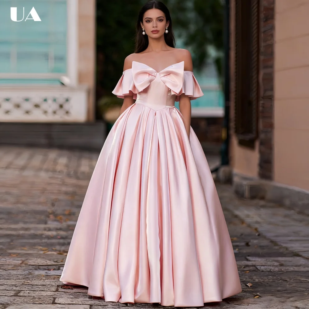 ULBYANRY Customized Satin A-Line Off-the-shouder Prom Dress, Princess Style Bow Lace-up Evening Dress, Elegant Slash Neck Dress