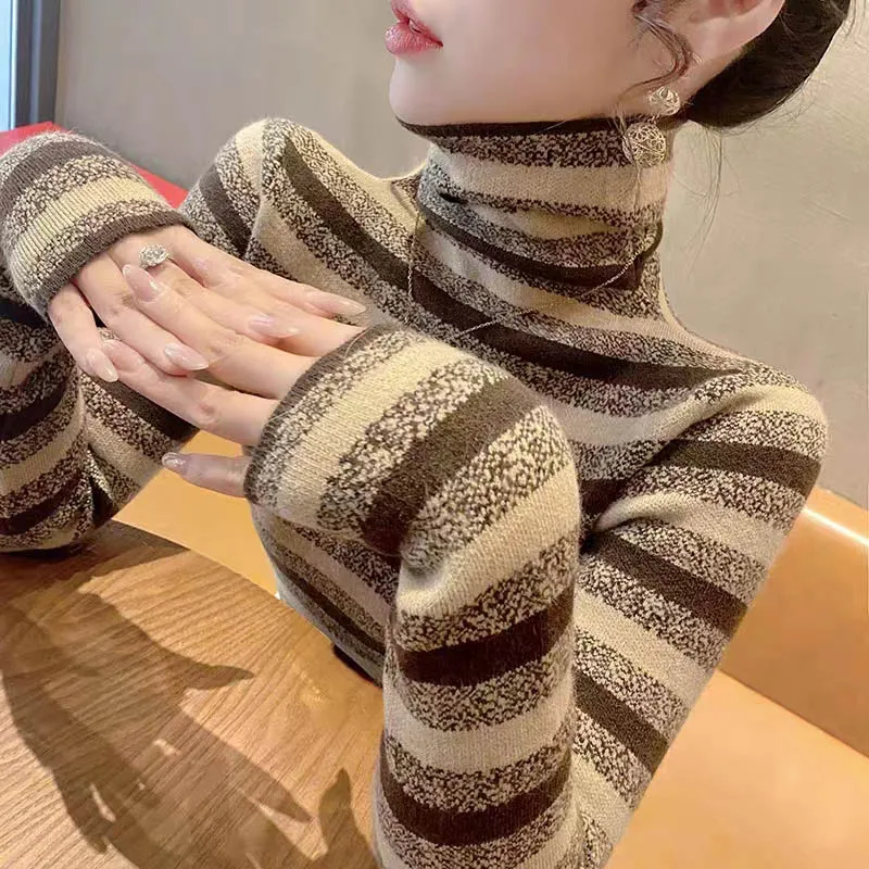 Women Striped Turtleneck Fashion Sweaters Female Top 2024 Spring New Simple Soft Comfortable Vintage Knitwear Slim Pullovers