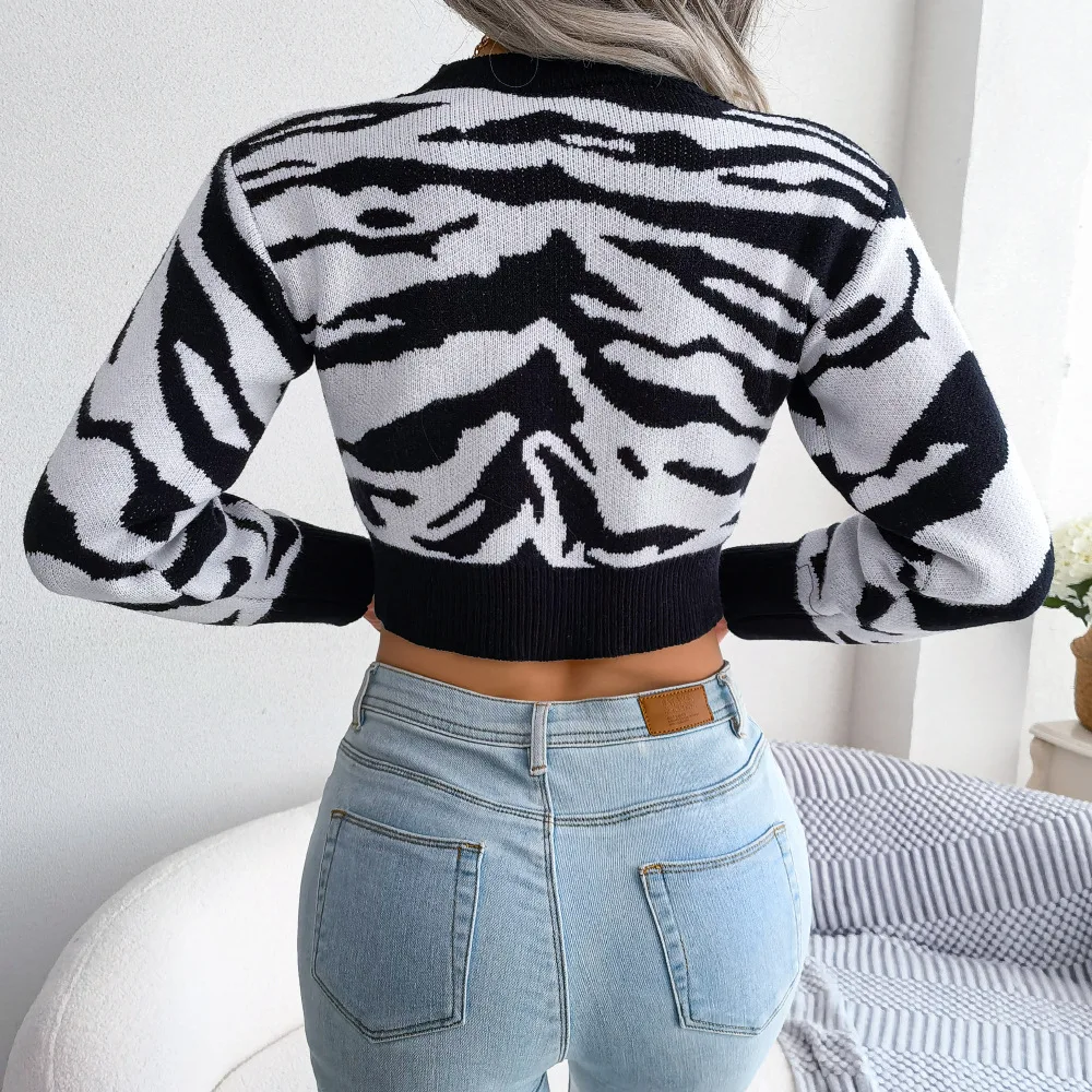 Ficusrong Women Autumn Winter Fashion Tiger Print Long Sleeve Crop Knit Sweater For Ladies O Neck Short Chic Tops