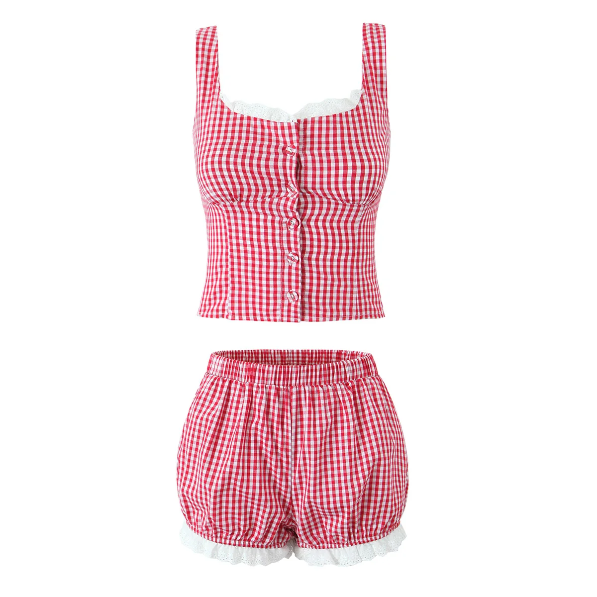 2 pieces 1 set 2025 Holiday Gingham Plaid Spliced Lace Buttons Tank Top+ Elastic Waist BUD Mini Shorts Black Red