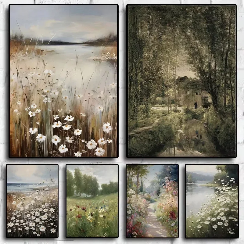 5D DIY Vintage Meadow Diamond Painting, Wildflower and Lake Landscape Handmade Art Exquisite Creative For Home Decoration