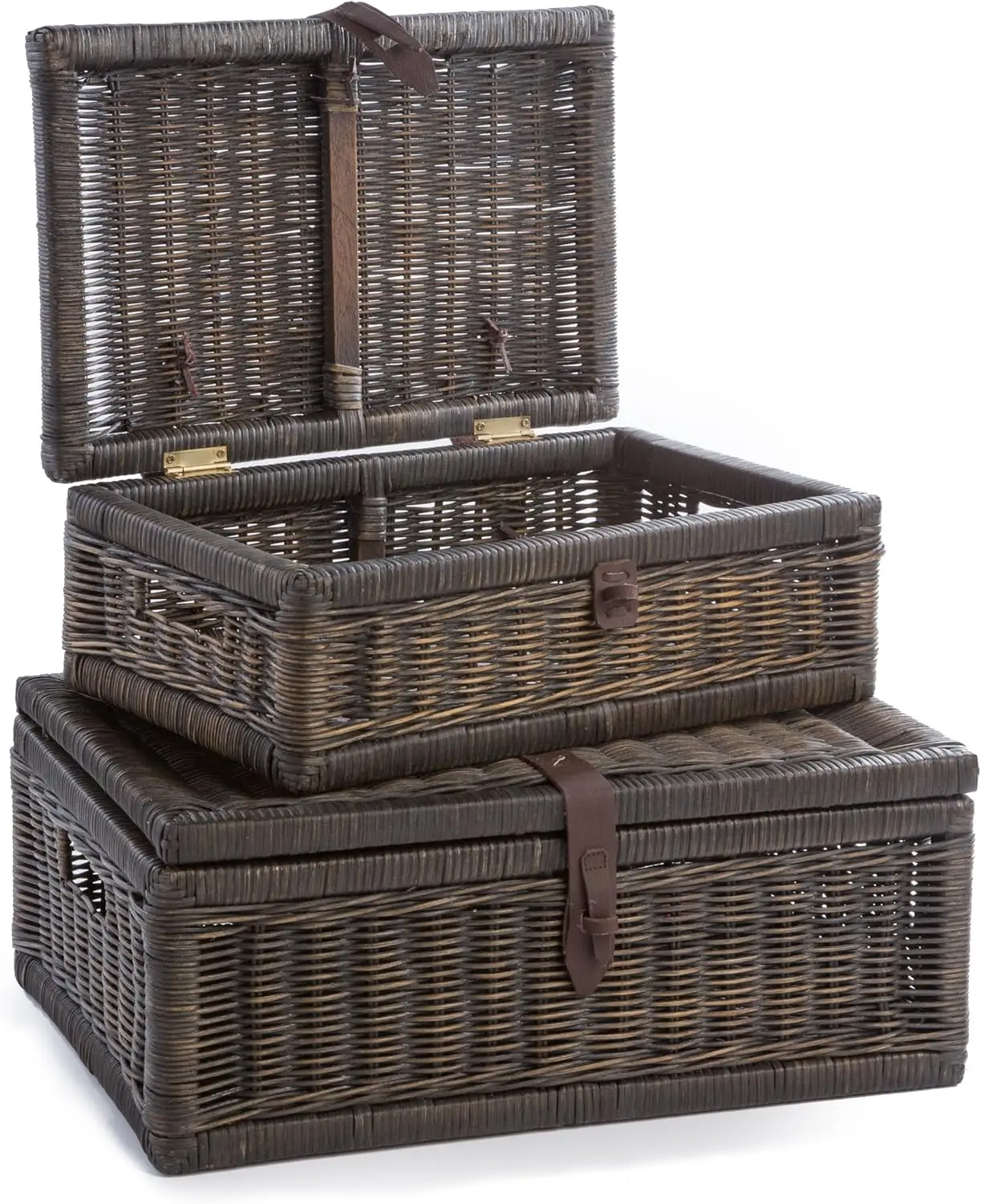 covered Wicker Storage Basket, Large, 20 in L x 14 in W x 8 in H, Antique Walnut Brown