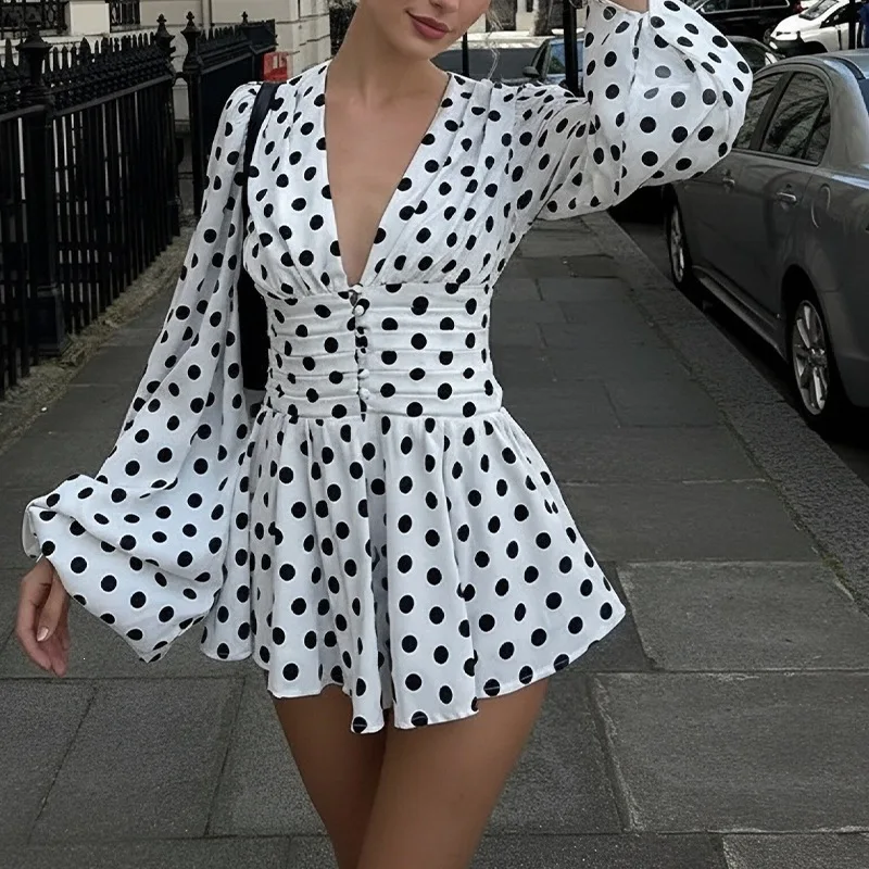 Fashion Polka Dot Dresses for Women Spring Summer Casual Elegant Ruched Waist French Style Dress