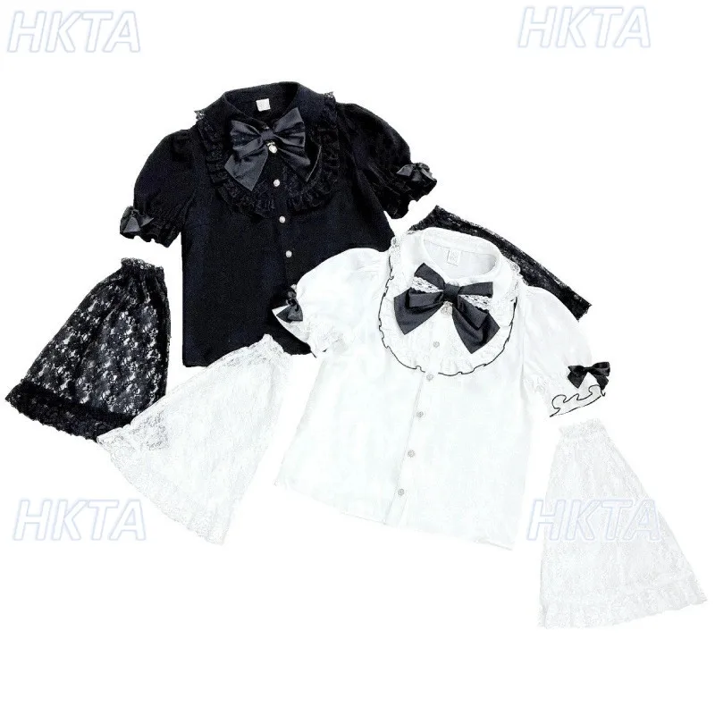 

Летняя новинка: Белая блузка с кружевными рукавами и аппликациями, милые кружевные бантики в форме сердца, трансформируемый дизайн, короткий рукав, женские топы