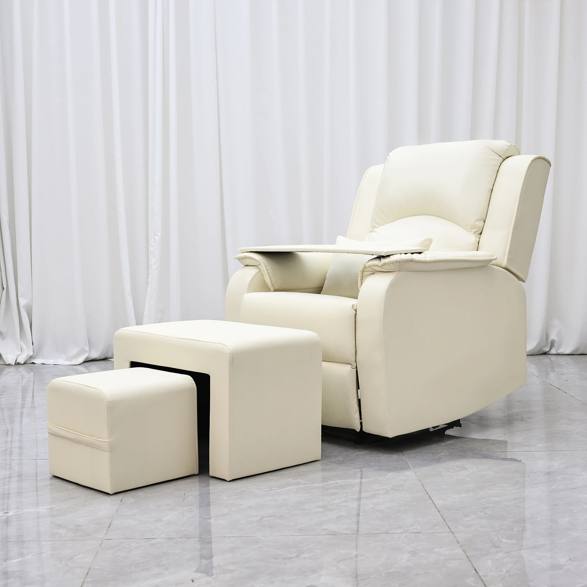 Cream Reclining Pedicure Chair, Beauty Salon Single Nail Sofa with Stools