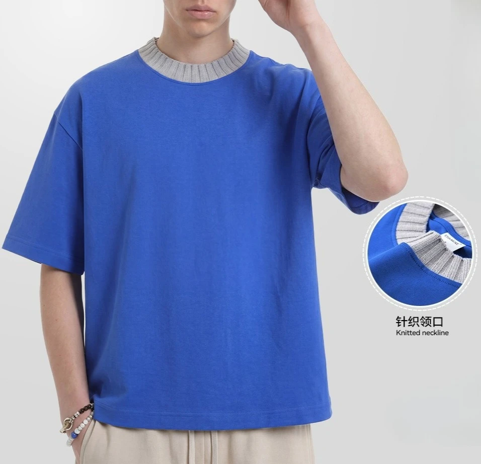 2026 Summer Boxy Short-sleeved Men's T-shirt Contrasting Color Knitted Neckline Heavy Cotton T-shirt
