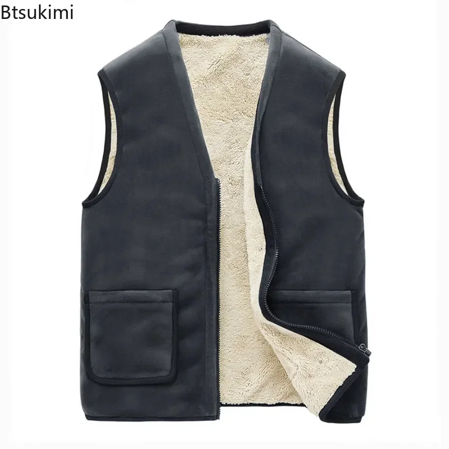 New Men's Thicken Lamb Fleece V-neck Vests Autumn Winter Warm Zipper Vest Coat Casual Sleeveless Pocket Jacket Waistcoat for Men