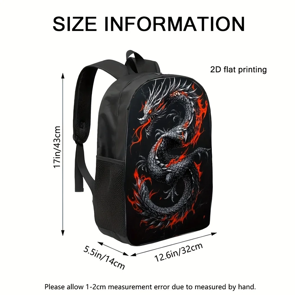 1 Stylish Flame Black Dragon Printed Backpack - Lightweight Polyester Adjustable Removable Shoulder Strap
