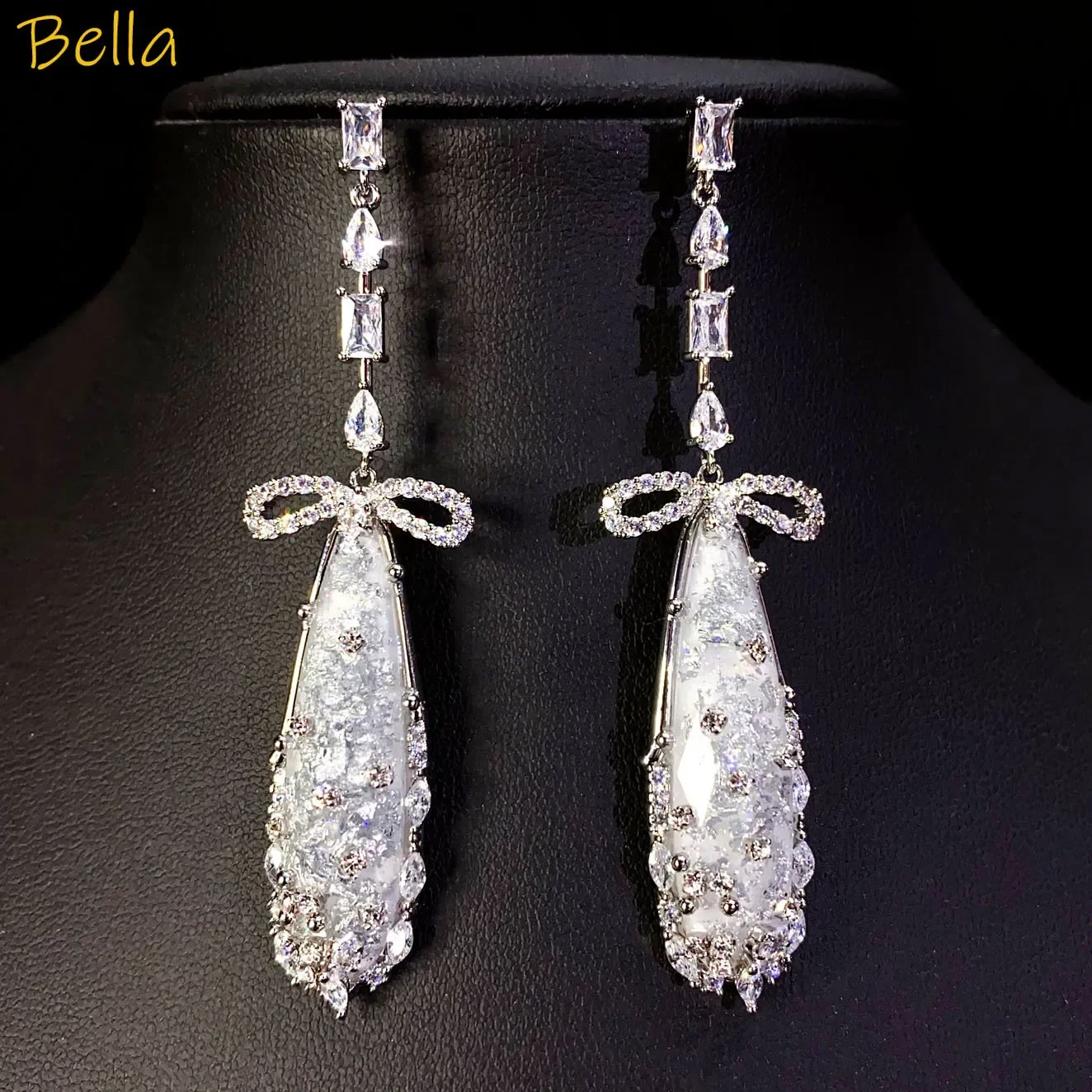 

wedding bridal earrings luxury jewelry white pink long water drop pendant earrings for women sweet elegant gift female