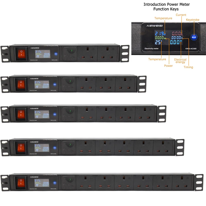 

PDU power strip with Electricity meter surge protector 3pin UK extension socket break switch 2Meter extension cord