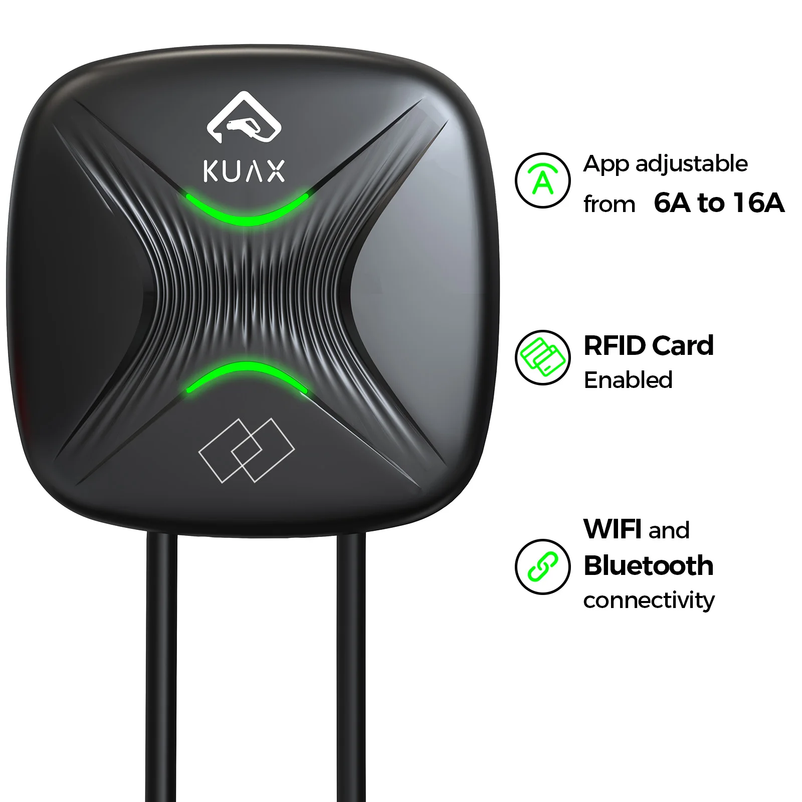 KUAX EV Charging Station 16A Electric Vehicle Car Charger EVSE Wallbox Wallmount Type2 Cable IEC62196 APP Control RFID Card