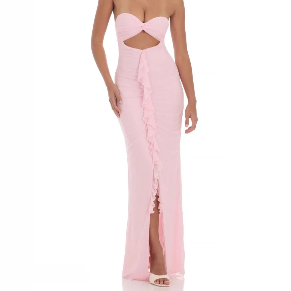 ยุโรปสไตล์อเมริกันผู้หญิงฤดูใบไม้ผลิฤดูร้อนใหม่ Smocked Slit Slim-fit Backless เซ็กซี่ยาวชุดราตรี
