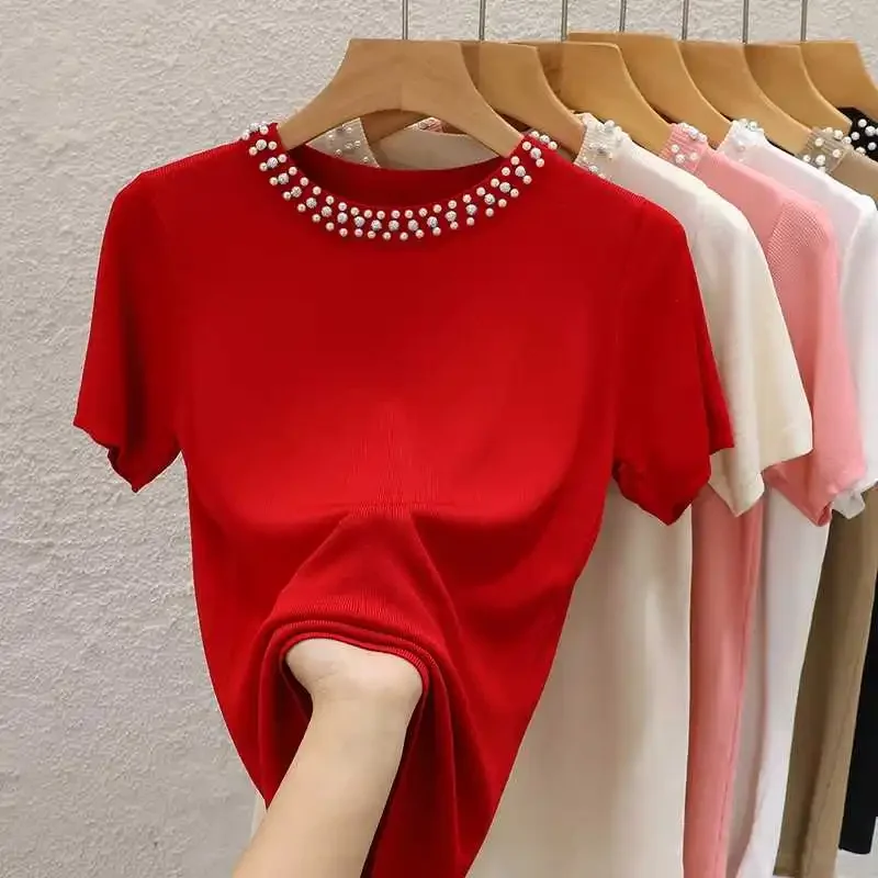 2026 Ladies Solid Versatile Tees Elegant Women Knitted T-Shirt New Chic Short Sleeve Tops Sleeveless Beading Casual Tops