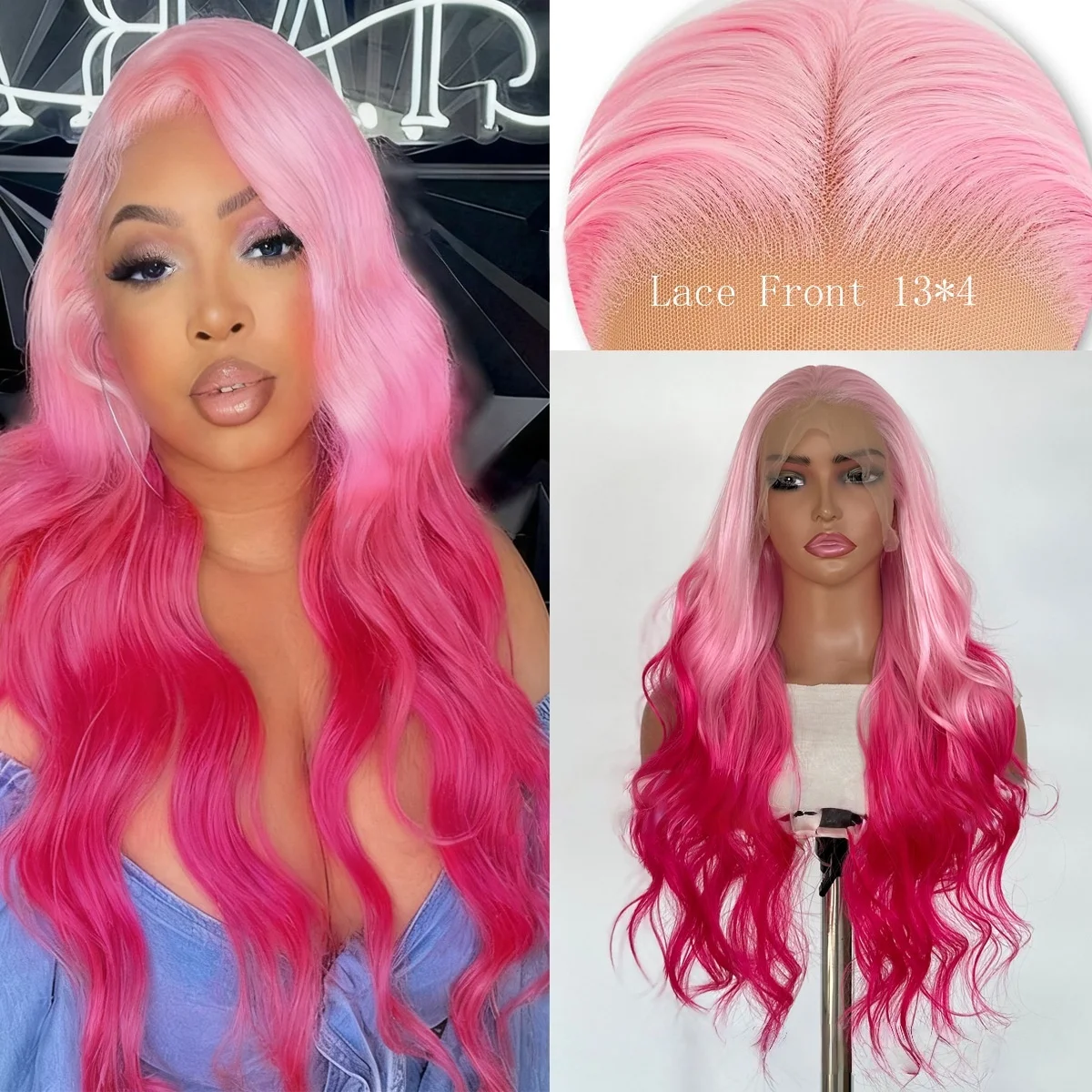 

Ombre Lace Front Wig 13*4 HD Lace Frontal 26inch Long Body Wave Hair Headband Synthetic Wigs Lolita Wig Pink Cosplay Peruca