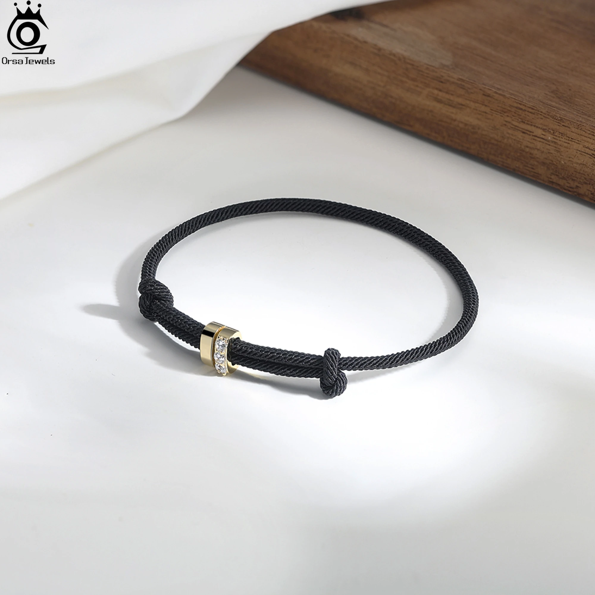 

ORSA JEWELS 925 Sterling Silver 14K Gold Black Rope Chain Bracelet With AAAA Cubic Zirconia Ornament Double Layered Design APB07