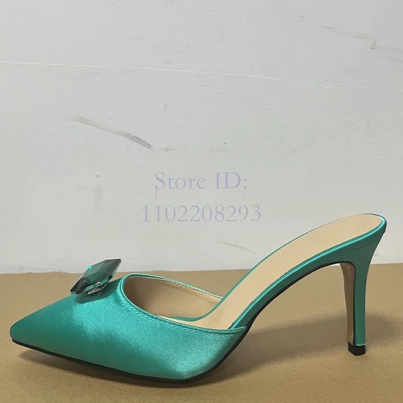 

Green Crystal Sexy Thin High Heels Slippers Satin Pointed Toe Stiletto Diamond Slip-on Sandals 2024 Women New Dress Mule Shoes