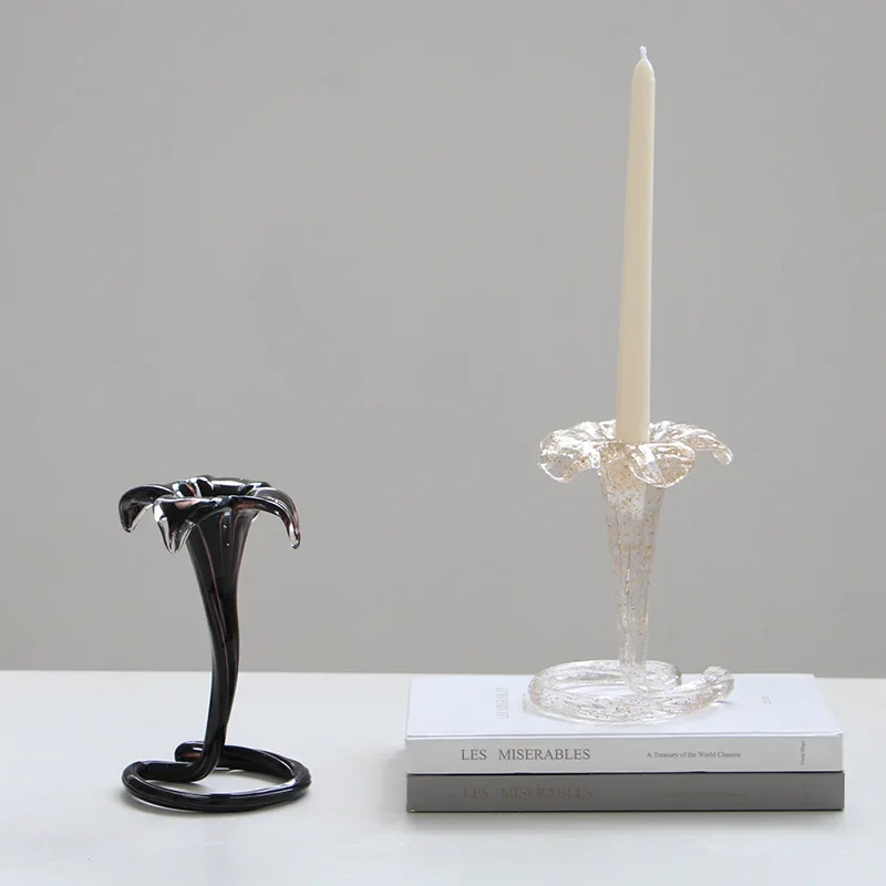 Creative Glass Candlestick Lily Tall Candle Holder Simulated Flower Storage Rack Transparent Flower Candle Stick Holder Home Dec