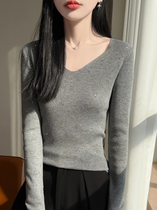 

Уникальный красивый белый трикотажный топ с длинным рукавом для женщин, повседневный, приталенный, с V-образным вырезом, стандартной длины, зимний