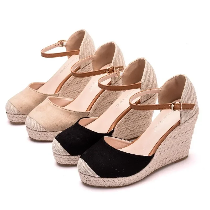 Pumps Women Heeled Sandals Summer Buckle Strap 9CM Wedges Heels Baotou Hemp Rope Grass Mat Woven Thick Bottom Women Shoes