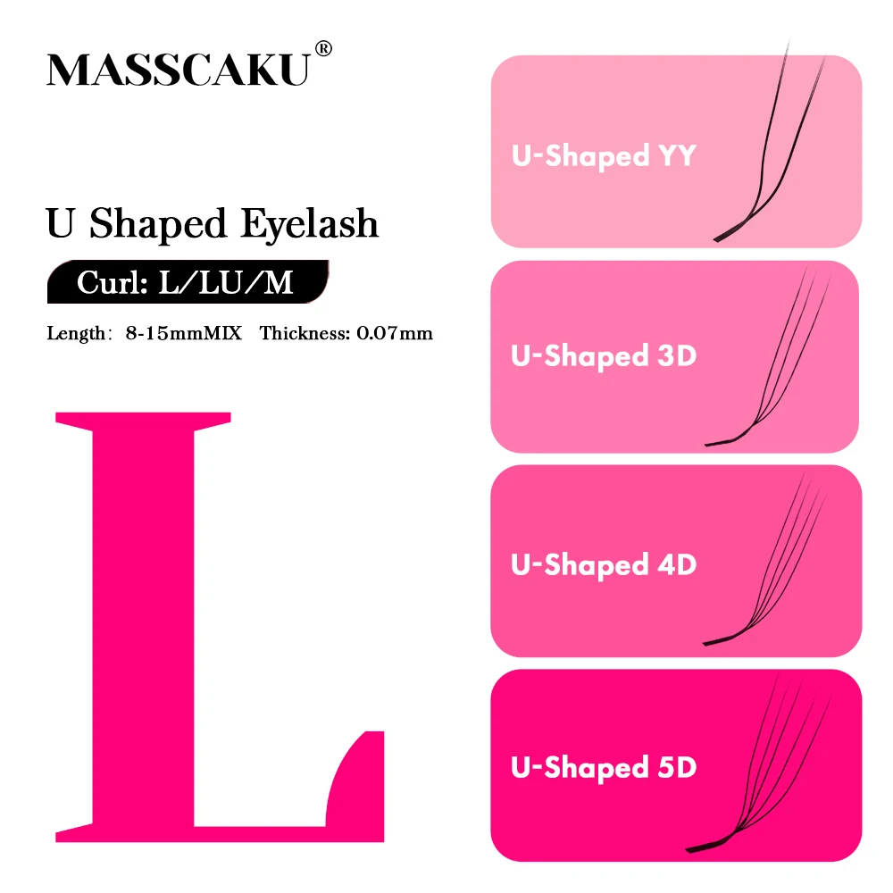 ขนตาปลอม MASSCAKU L/LU/M รูปตัวยู แบบ 3 มิติ 4 มิติ 5 มิติ ความยาวผสม 8-15 มม. สำหรับต่อขนตา คุณภาพระดับร้านเสริมสวย นุ่มเป็นธรรมชาติ สำหรับแต่งหน้า