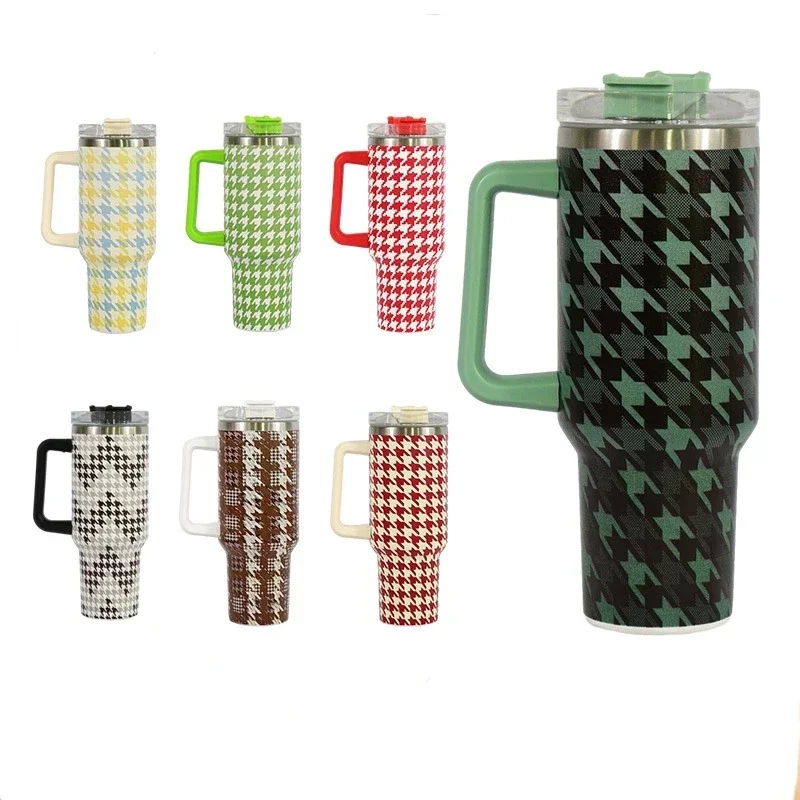 1200ml Lattice Houndstooth Stainless Steel Mug Coffee Cup Thermal Travel Car Auto Mugs Thermos 40Oz Tumbler Handle Straw Drinkwa