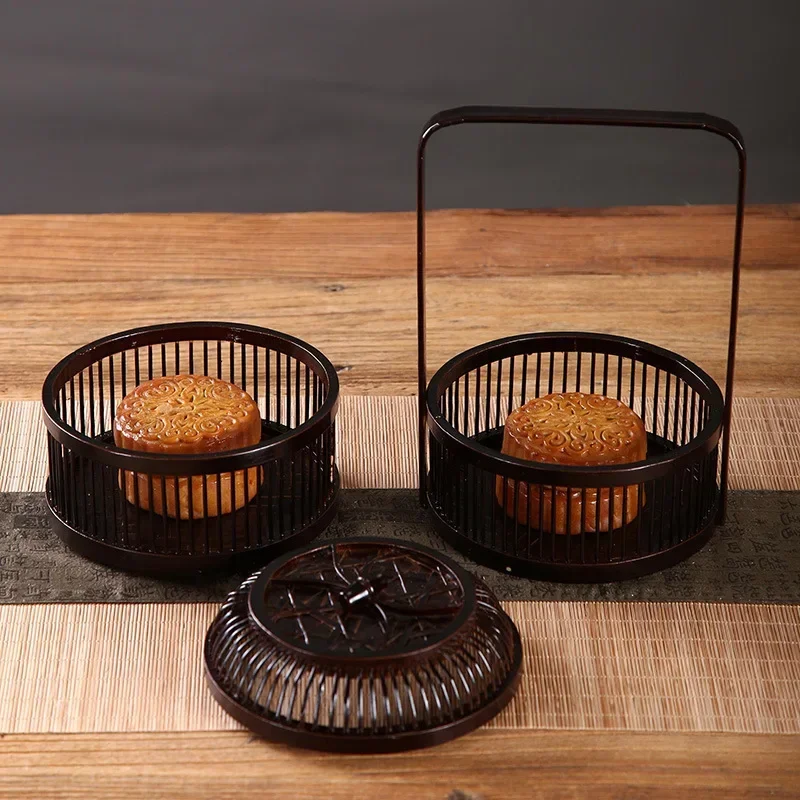 Chinese Handmade Bamboo Hand Basket Japanese Tea Set Hollow Food Box Moon Cake Fruit Refreshment Tray for Traditional Tea