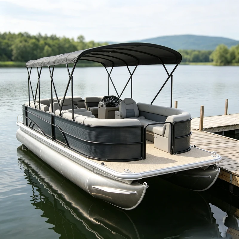 Black Pontoon Boat With Grey U-Shape Sofa For Family Leisure Customized